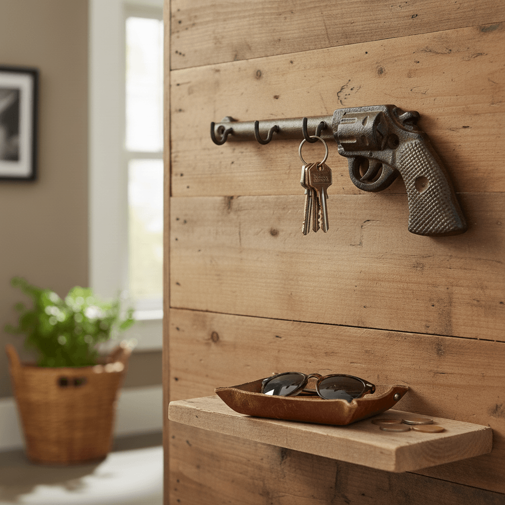 Western Cast Iron Vintage Revolver Gun Wall Hook with keys hanging on it in a rustic home setting.