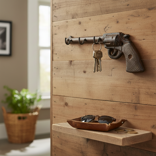 Decorative key holder shaped like a gun on a wooden wall with a plant and shelf in the background.