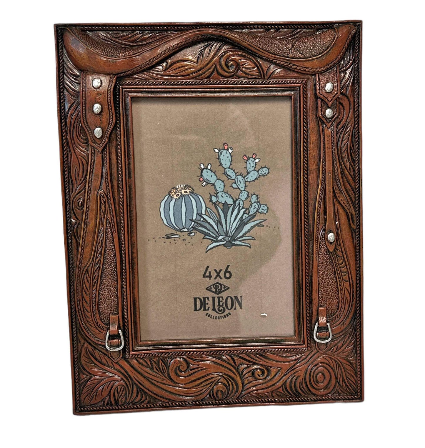 Decorative brown leather picture frame with intricate patterns, featuring a cactus illustration on a white background.