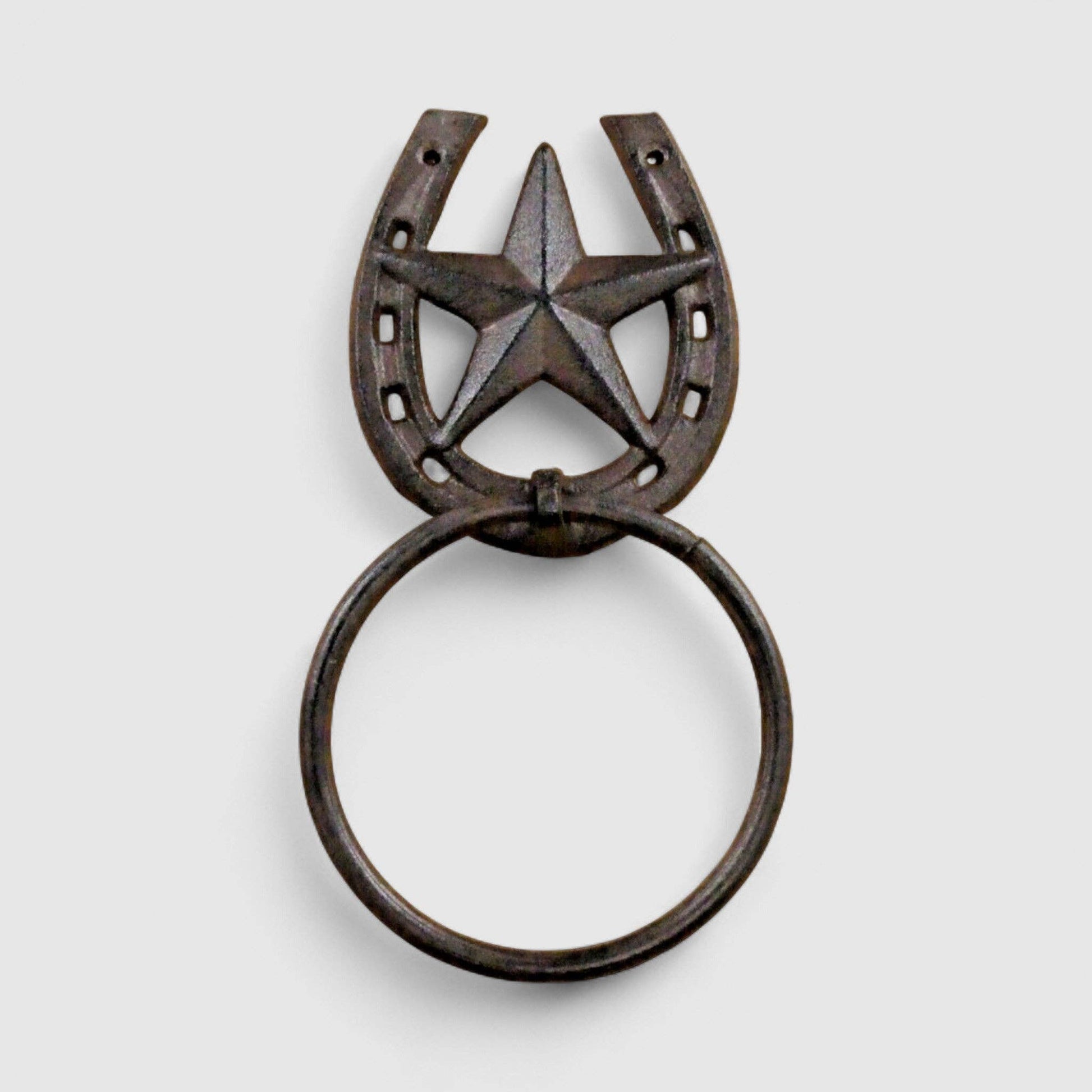 Rustic Country Bathroom Accent Towel Ring featuring a western star and horseshoe design.