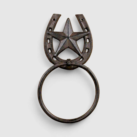 Rustic Country Bathroom Accent Towel Ring featuring a western star and horseshoe design.