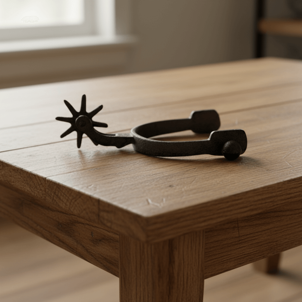 Old West Cast Iron Spur - Frontier Decor Accent displayed on a wooden table.