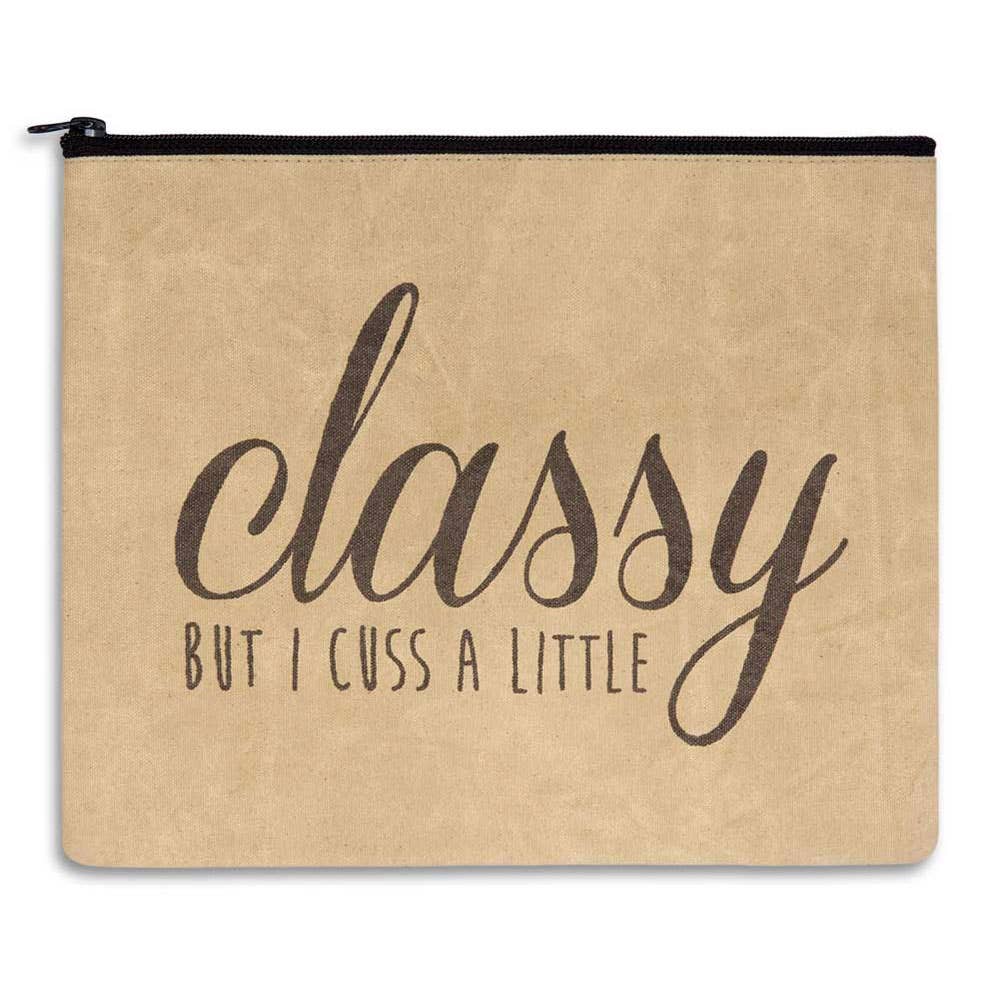 Great large size pouch for travel or organization. Includes a zippered top, ticking lining, and inside pocket. Item is made of canvas. Makes a great gift! 11''L x 9''H.