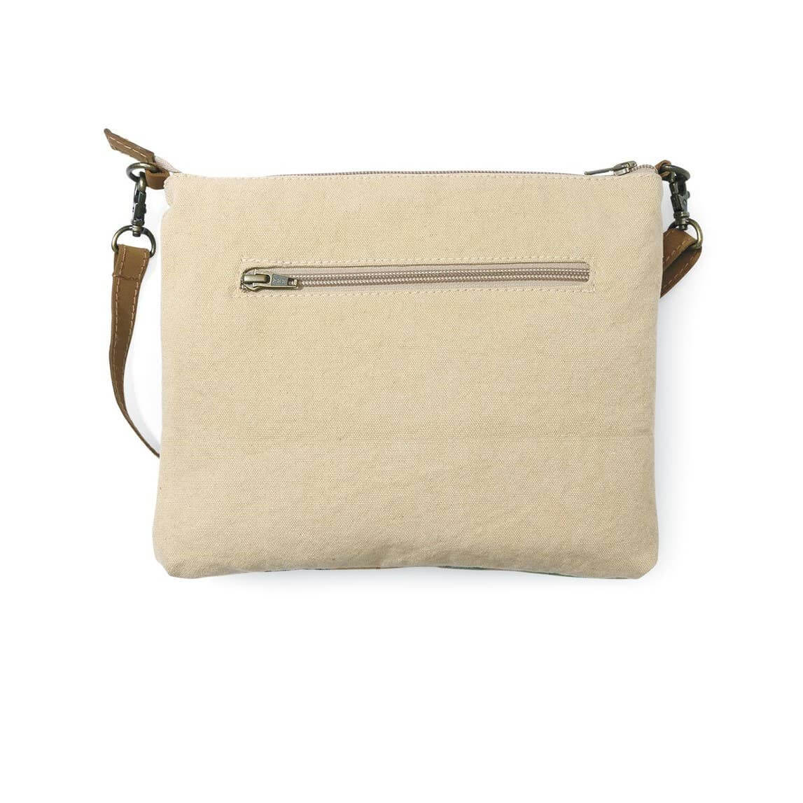 Beige crossbody bag with a zipper on a white background