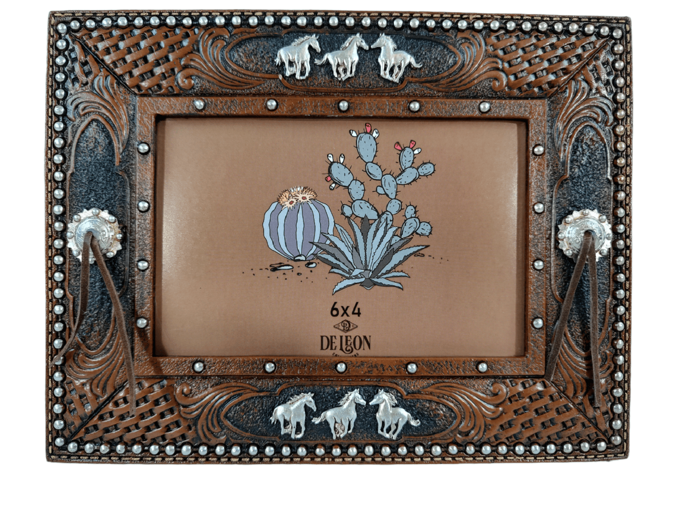 Faux Leather Western Concho Horses Picture Frame with decorative embellishments and a 6x4 photo slot