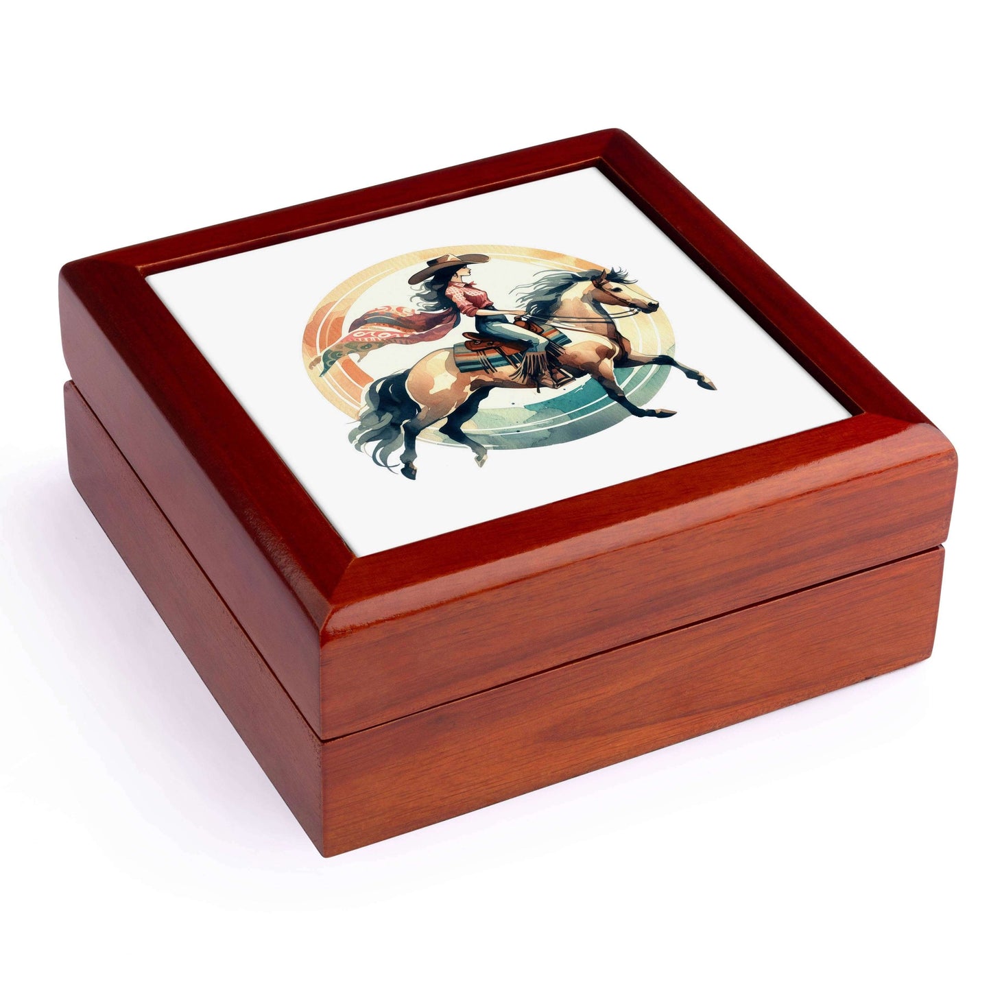 Wooden jewelry box with horse and rider design on the lid