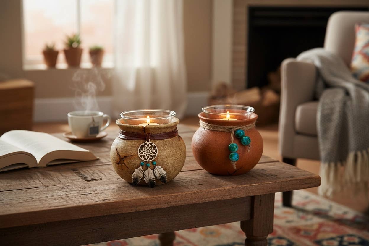 Two lit candles in decorative holders on a wooden coffee table with a cozy living room background.