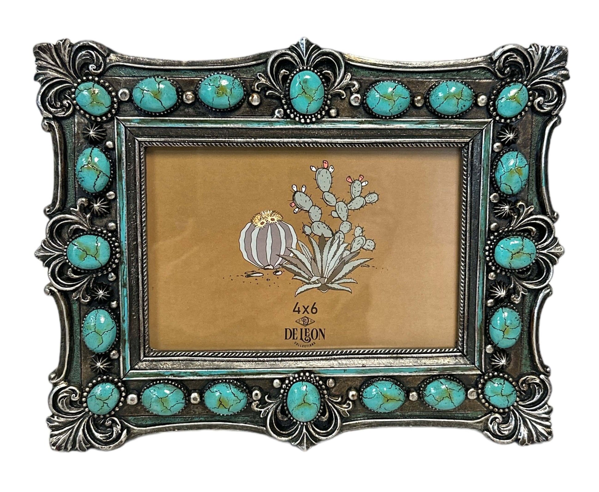 Western Ornate Scroll Turquoise Stone Picture Frame showcasing a decorative design with turquoise stones.