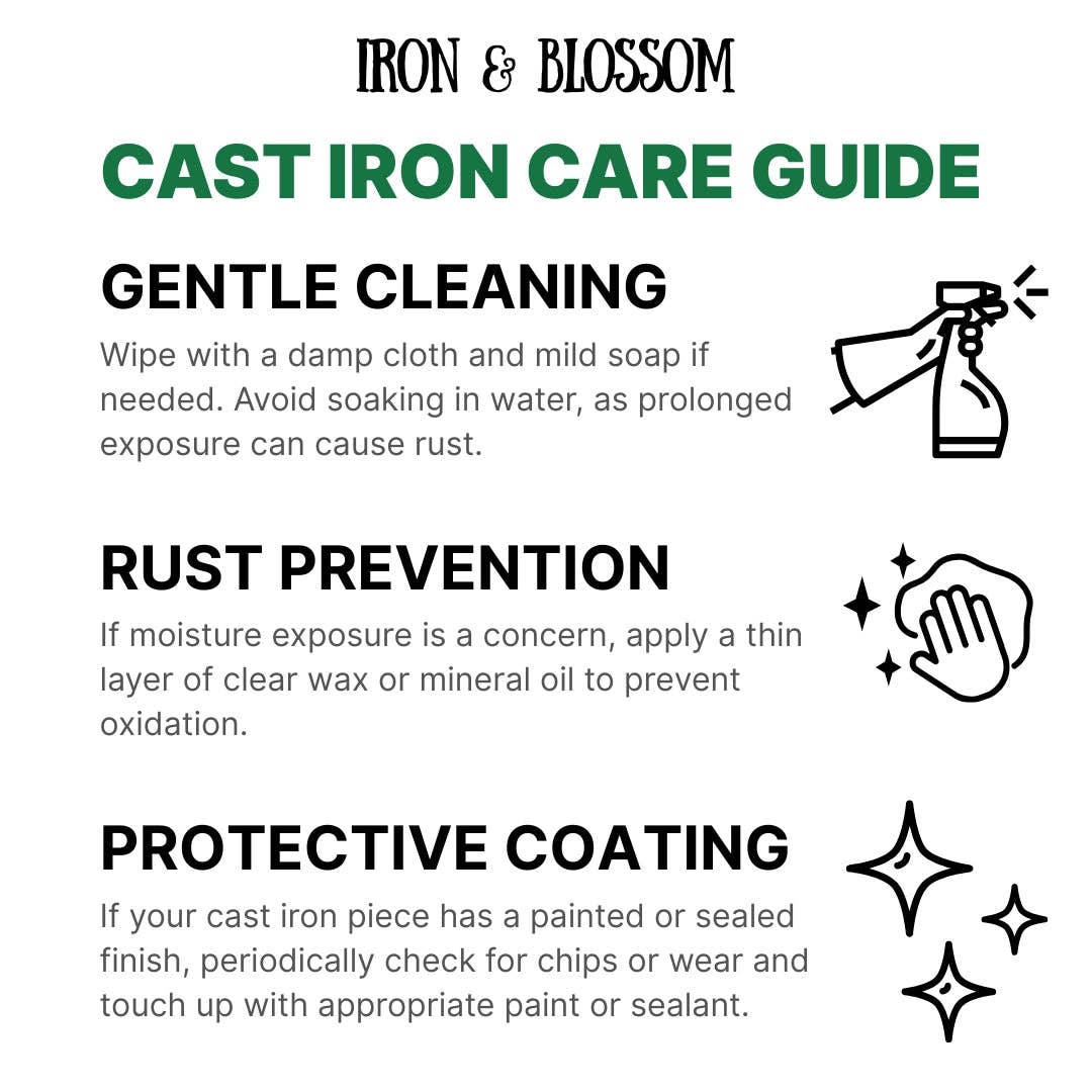 Iron & Blossom cast iron care guide with cleaning, rust prevention, and protective coating instructions.