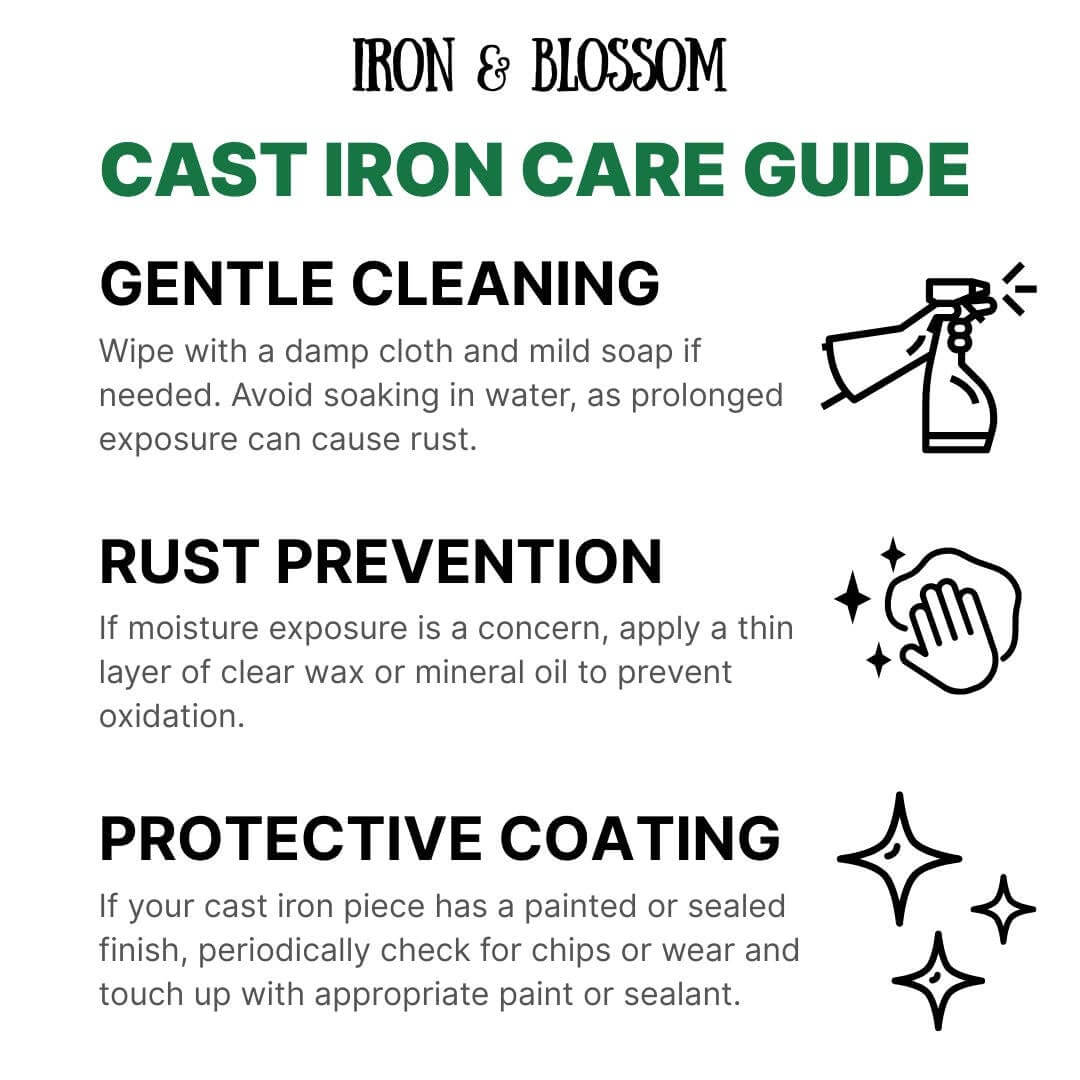 Cast Iron Care Guide instructions for gentle cleaning, rust prevention, and protective coating for cast iron products.