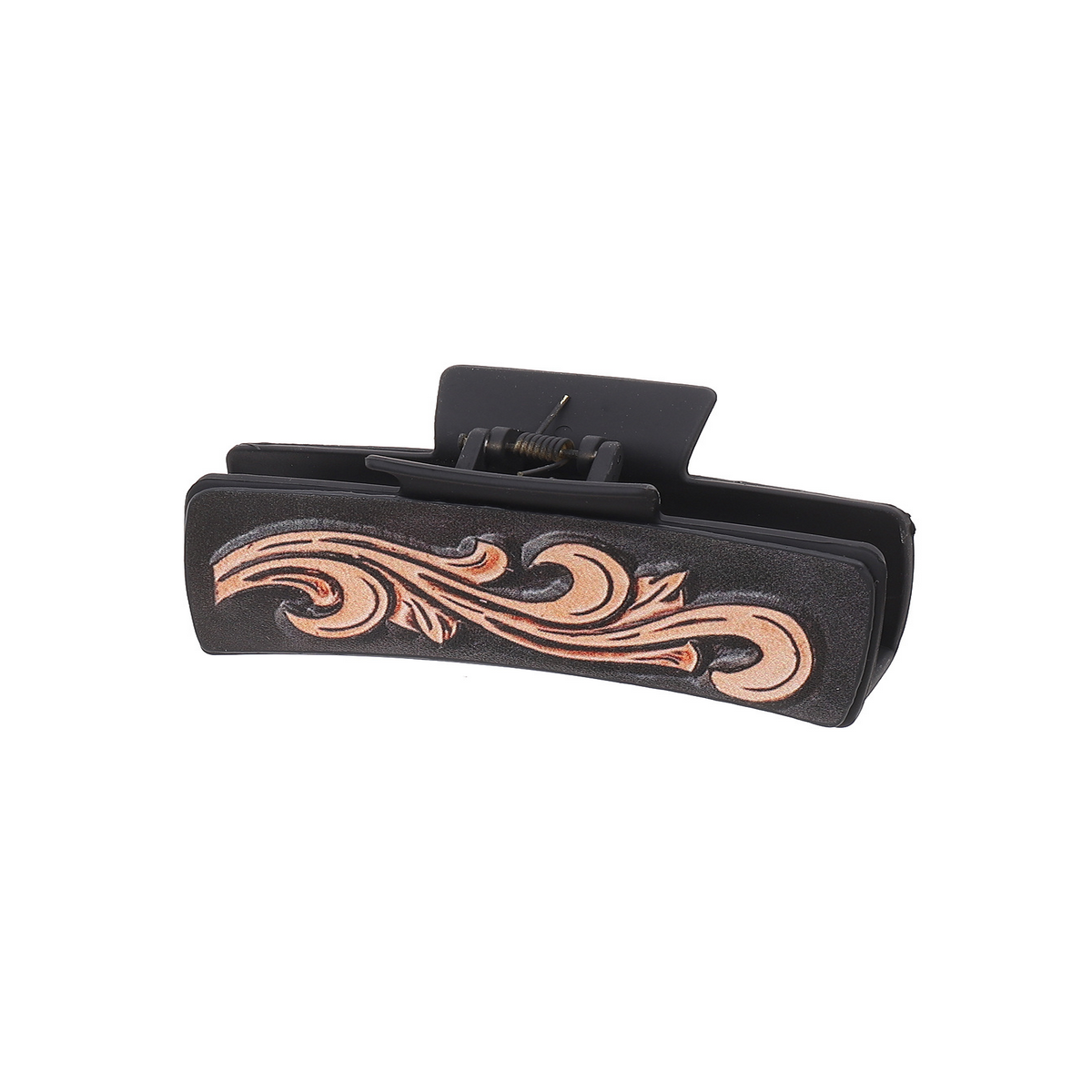 Black hair clip with decorative copper design on a white background