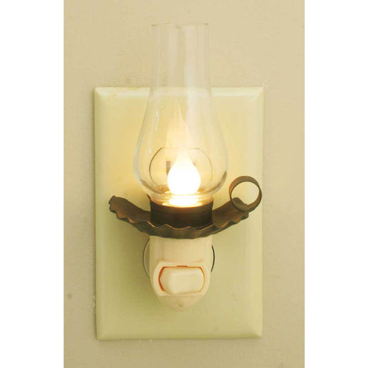 Vintage glass chimney nightlight reminiscent of an old oil lantern. Includes a night light appliance and a light bulb. 2½" wide, 5" tall