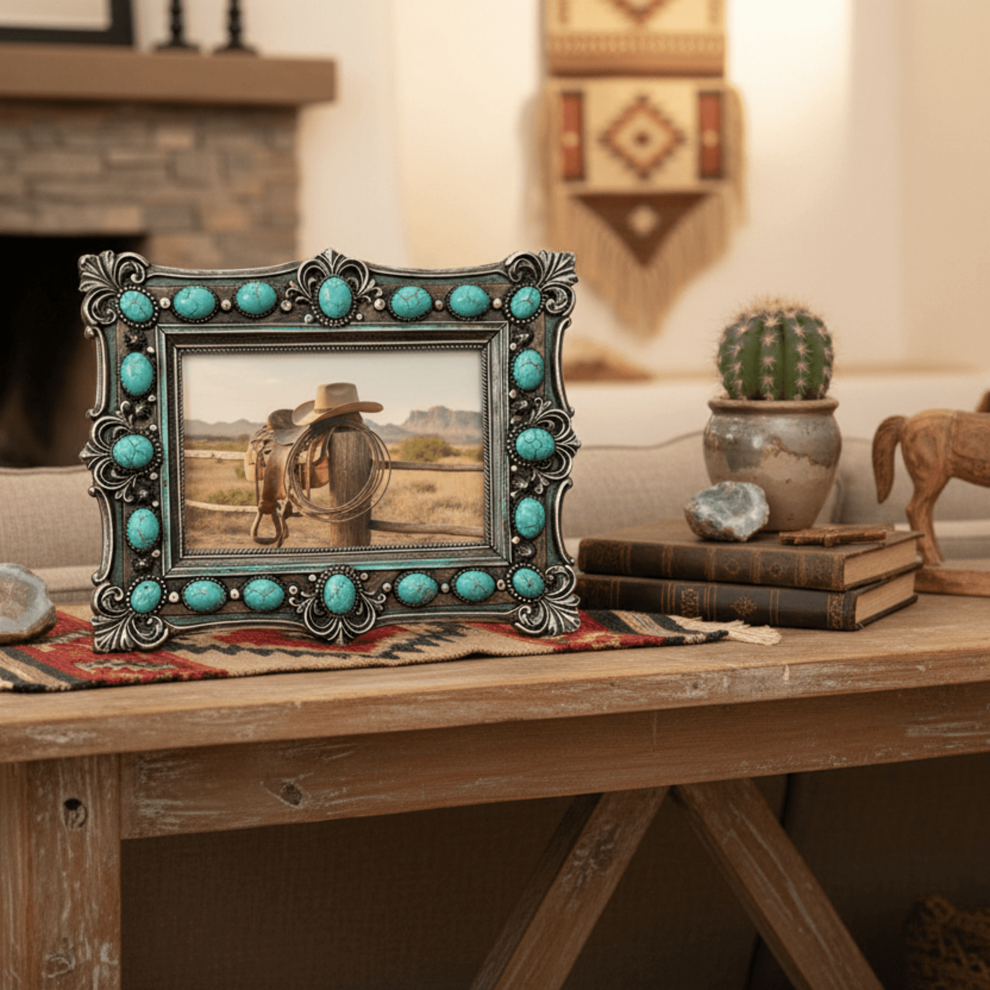 Western Ornate Scroll Turquoise Stone Picture Frame displayed on a rustic table with desert scenery.