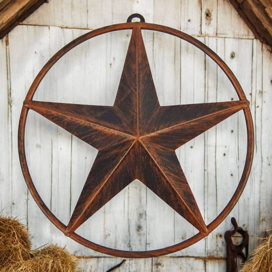 Rustic metal star wall decor on a wooden background