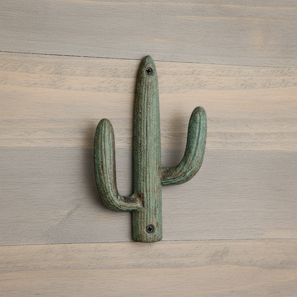 Cactus-shaped wall hook on a wooden surface