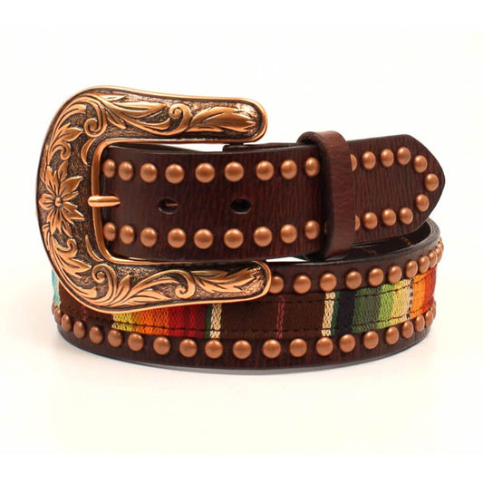 This Ariat belt features a brown embossed strap with a removable silver buckle. Nailheads around edges. This is a great western belt that will look great with your favorite jeans. Belt is 1-1/2" wide.