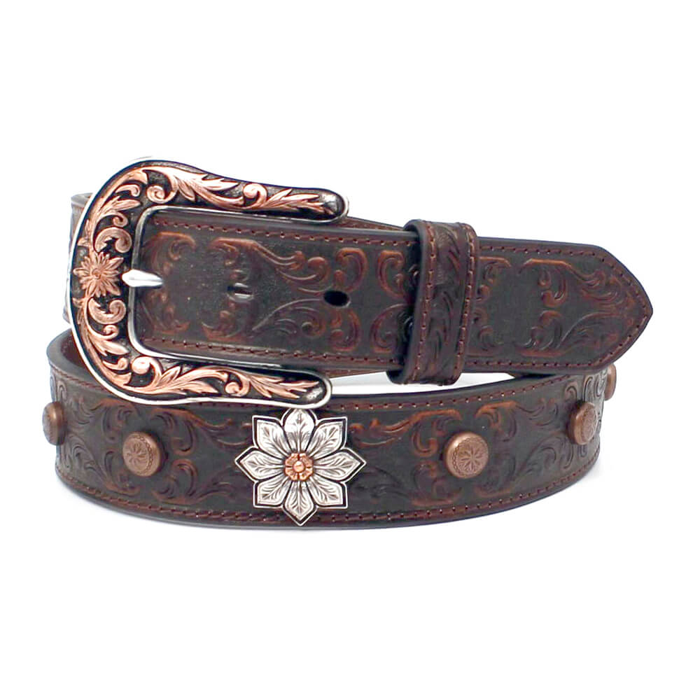 This ladies Ariat belt is genuine leather with a floral embossed strap and large flower conchos. Antique copper accents and antique copper studs. Belt is 1-1/2" wide with removable buckle.