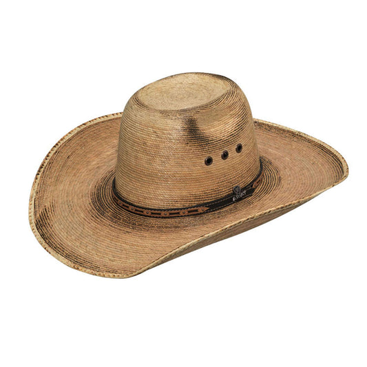 No cowboy is complete without a great hat. You will love this fired palm cowboy hat complete with a two toned leather hatband. Hatband has nail head accents and contrast stitching and copper eyelets. The unbeatable quality and durability of this hat are great for when you are dressed up or working at the barn. 