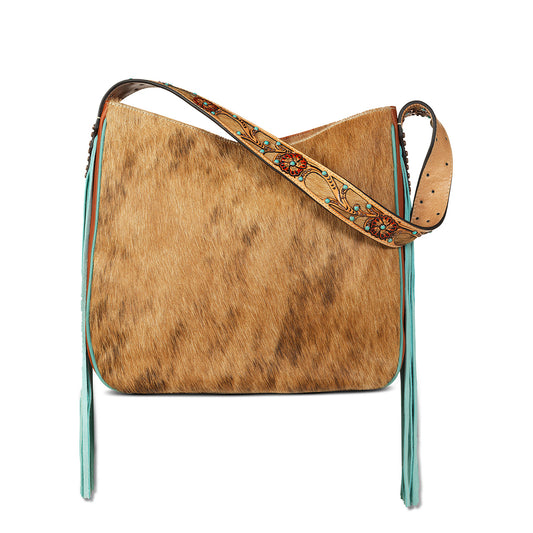 This shoulder bag is from the Lorelei collection and is genuine leather. Calf hair side panels and aqua fringe. Floral tooled strap with calf hair inlay and turquoise stones through the strap. Simple and stylish. 13 x 14 x 5-1/2