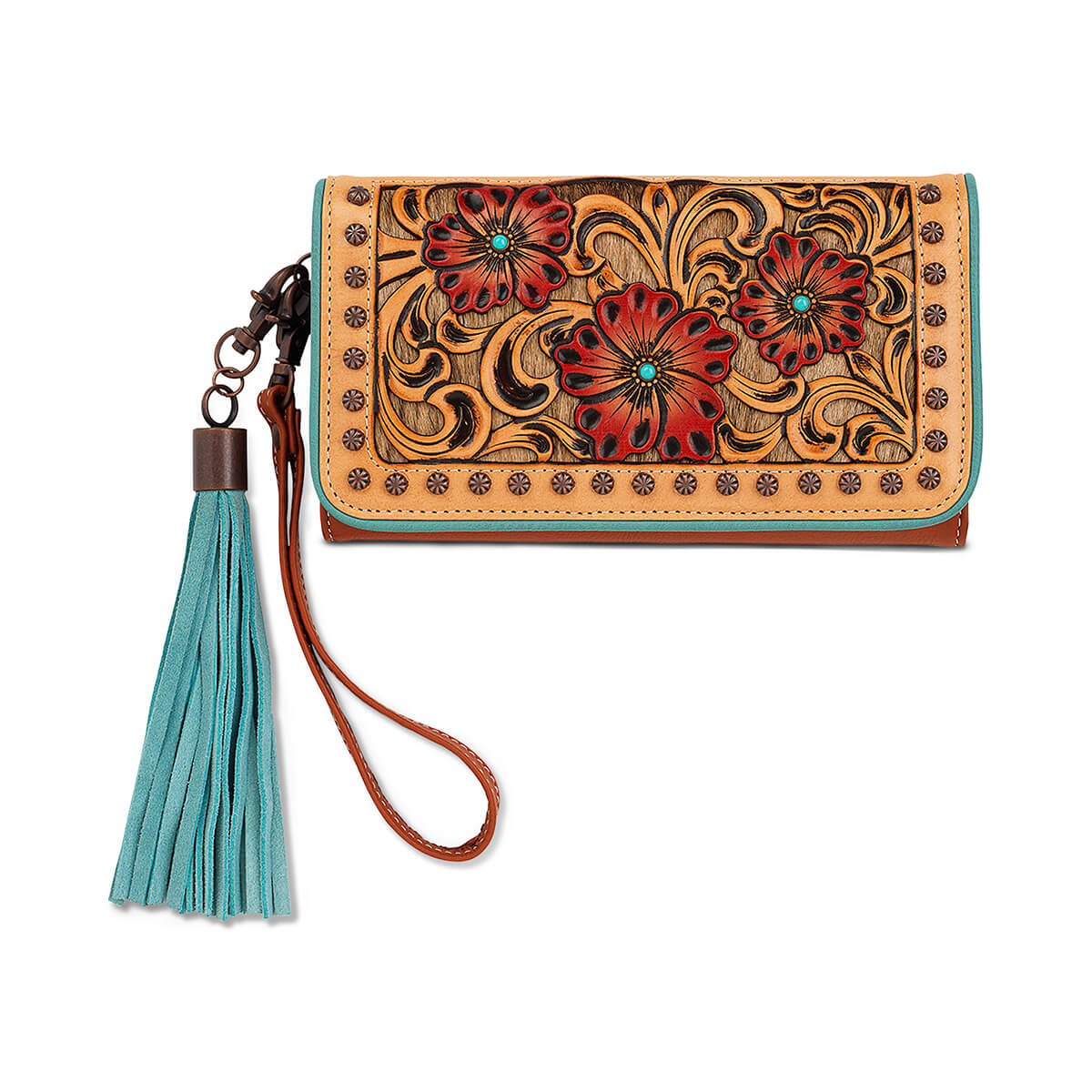 Ariat Lorelei clutch wallet is a tan genuine leather with calf hair underlay. Tooled floral overlay with red flowers and turquoise stones copper stud accents and a turquoise fringe tassel. Zip closure with multiple ID/credit card slots inside and one zip pocket.