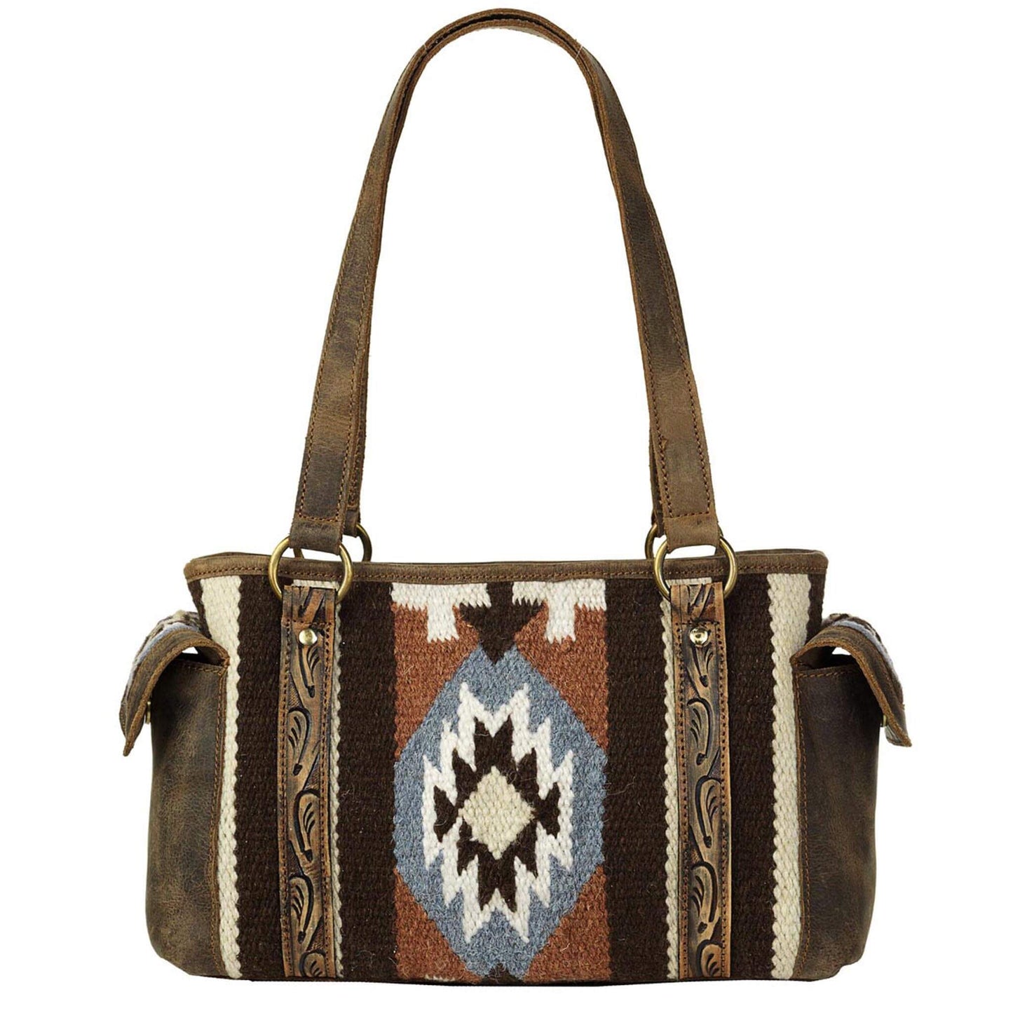 This Ariat wool blanket satchel is brown with orange, blue and ivory in a southwestern pattern. Genuine leather on back, on handles and edge tooling. Zip closure on top of back to keep your items safe.&nbsp;Pockets on Outside Edges, 4 Pockets on Inside.&nbsp;Measures: 14 x 8-1/2 x 6. Imported