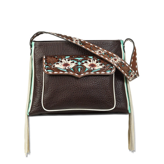 Brown genuine leather with front flap over pocket with shimmery turquoise underlay and flower tooled cutout overlay. Trimmed with ivory lacing. Strap has same details with Ivory Fringe. Measures: 13 ½” X 10” X 5”