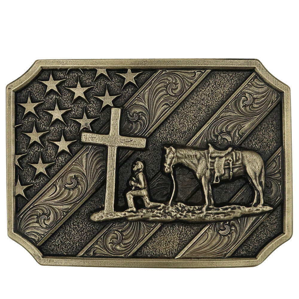 Attitude Belt Buckle in a rectangular-shape in a bronze finish. It has the scene of an American Flag covering the entirety of the belt. In the center, a patriot Christian Cowboy kneeling at the cross is placed. Standard 1.5 inch belt swivel. Measures 3.8" x 2.77"