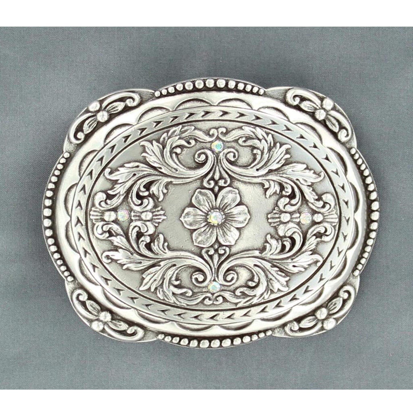 Buckle&nbsp;up for style with this ladies western belt buckle. This fabulous&nbsp;floral detailed buckle&nbsp;shines with crystal colors hence the&nbsp;name&nbsp;with aurora borealis. Feminine. Pretty.&nbsp;Measures 2-3/4" x 3-1/4"