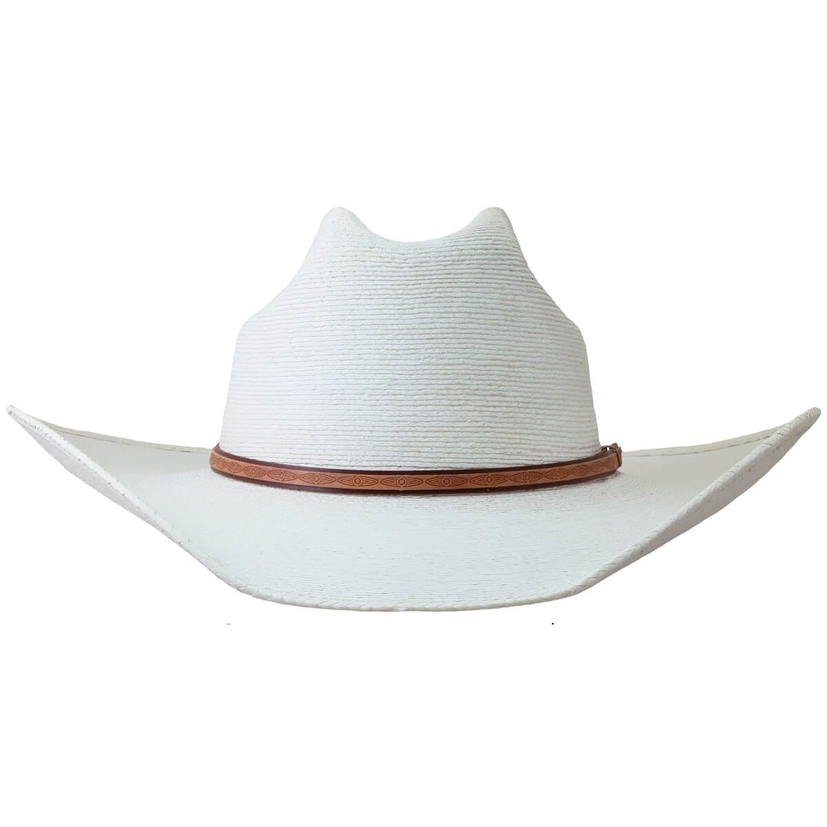 A white woven cowboy hat with a brown band around the crown, shown against a plain white background.
