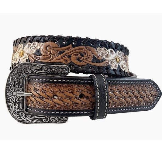 Genuine Leather belt with basket weave end tabs, floral embossed strap with hand painted flowers, leather laced edges, and buckle in antique silver finish. 1-1/2" wide belt. Imported.