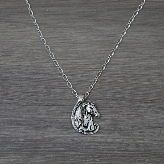 A special necklace perfect for a mother, daughter or lady in your life to show them how much they mean to you. Two horses embrace love and affection on an 18" chain. Pendant measures 1-1/4" tall by 1" wide. 