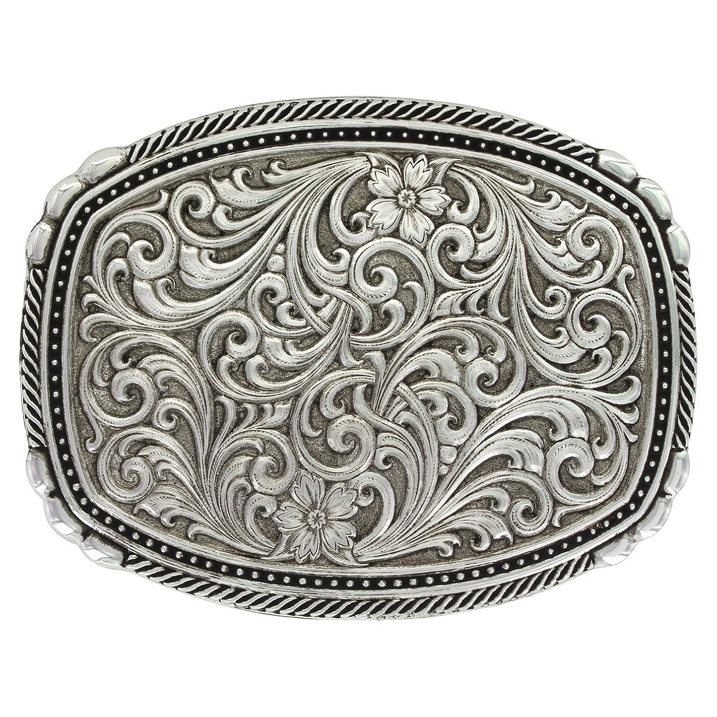 Antiqued curved rectangular buckle with twisted silver finished rope and gold tone corner high-domed beads frames a smooth wire and pin point edging, surrounding a bright cut Western vines and flower design. Standard 1.5" belt swivel. Buckle measures approximately 4"x3". Made in USA