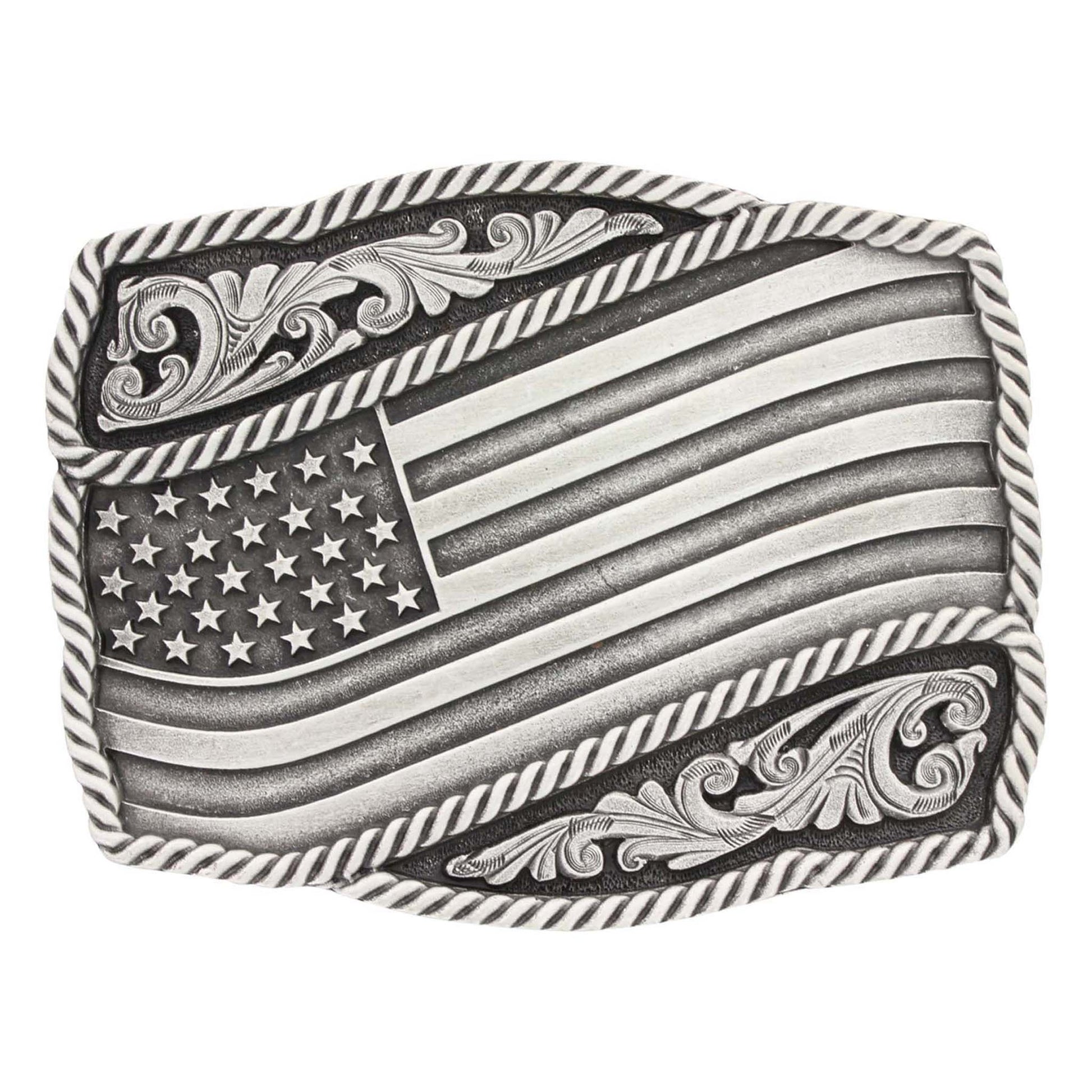 A beautiful rendition of a waving flag. A silver finished soft edged cast Attitude buckle with a waving flag across the front lined with a twisted rope design around the edge of the flag and the buckle. Classic western filigree markings decorate the back for added detail. Standard 1.5 inch belt swivel. Approximately 4" x 3".