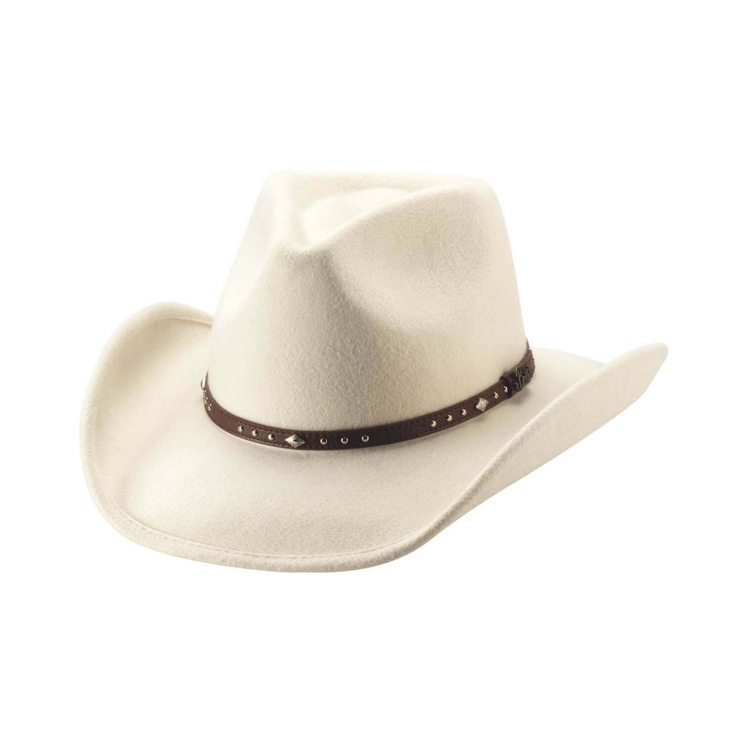 Beige cowboy hat with a brown leather band on a white background