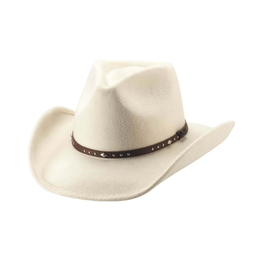 Beige cowboy hat with a brown leather band on a white background