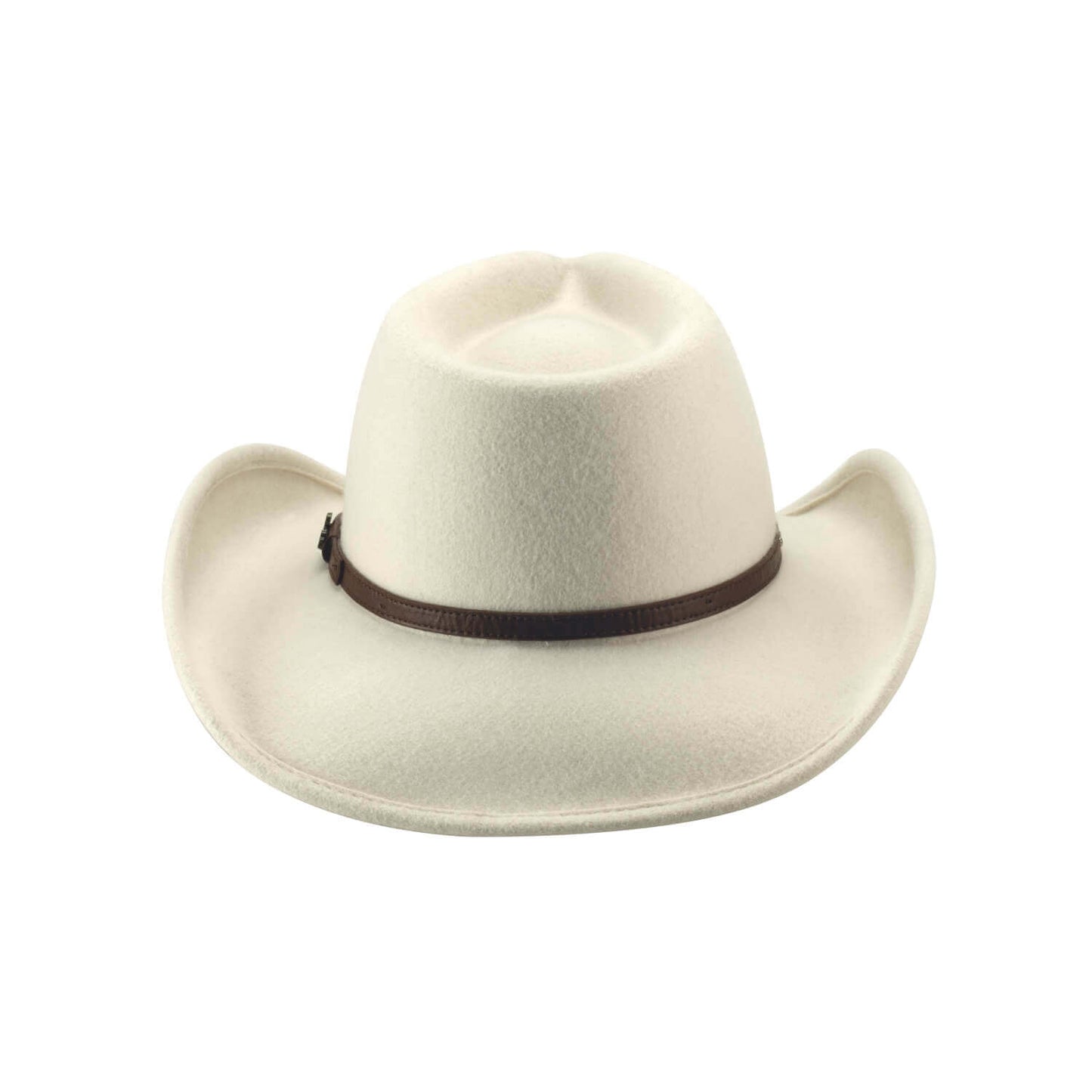 White cowboy hat with a brown band on a white background