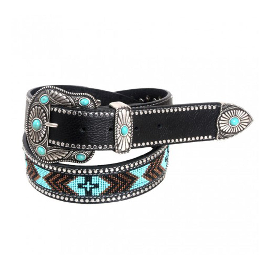 This belt is the ultimate accessory to elevate your western-inspired look. The rich turquoise and glittering rhinestones will take any outfit from drab to fab, whether you're rocking a simple tee and jeans or a slinky cocktail dress. Embrace your inner cowgirl goddess and let this belt be the eye-catching statement piece that commands attention.