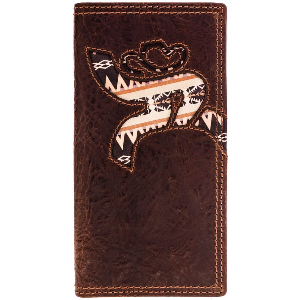 A brown leather bifold wallet featuring a western-style embroidered design of a cowboy silhouette with geometric patterns in black, white, and tan.