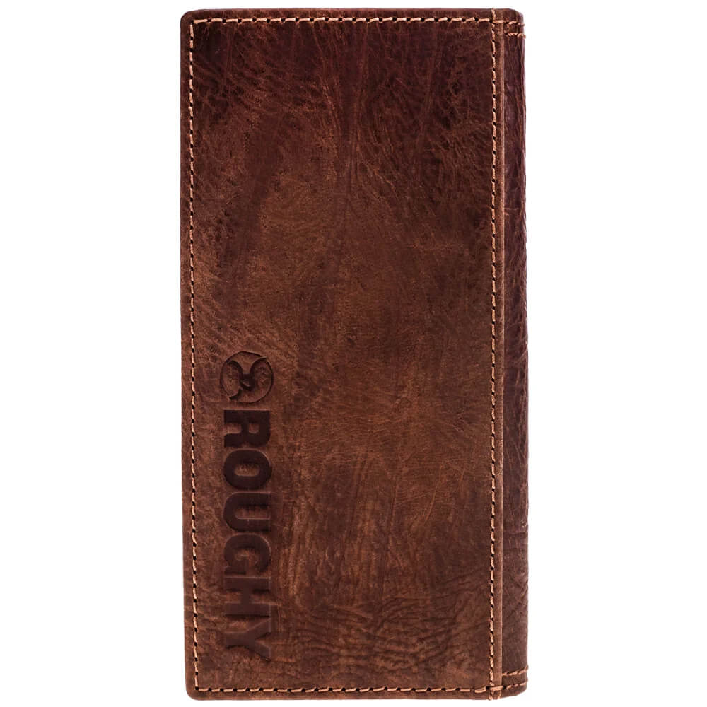 A brown leather bifold wallet with a distressed finish, featuring a debossed 'ROUGHY' logo on the front and visible contrast stitching along the edges, shown against a plain white background.