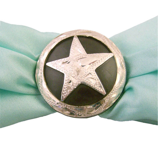 This unique Aztec Star Scarf Slide has a sterling silver engraved star on a rust background. Measures 1 1/4" diameter. Proudly Made in USA