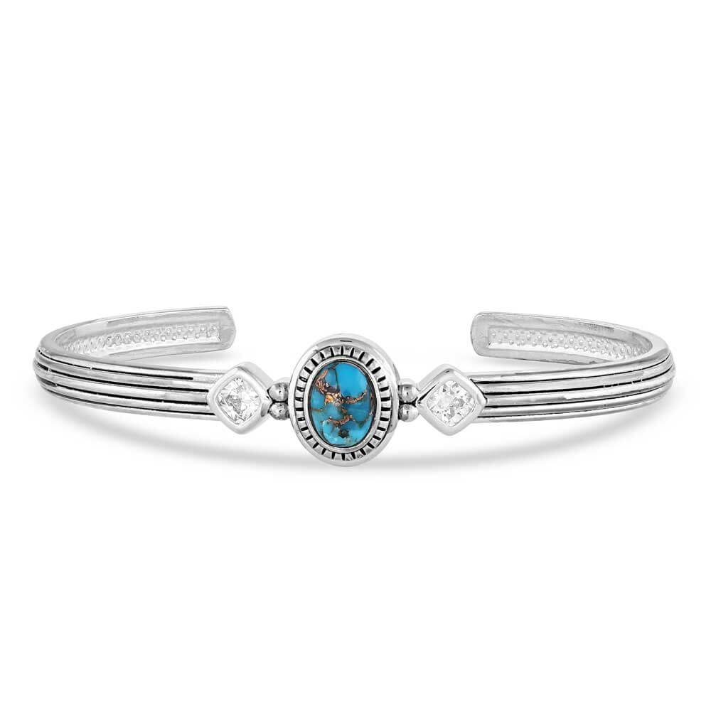 Open Night Sky Turquoise Cuff Bracelet featuring turquoise stone and cubic zirconia, stunning silver design.