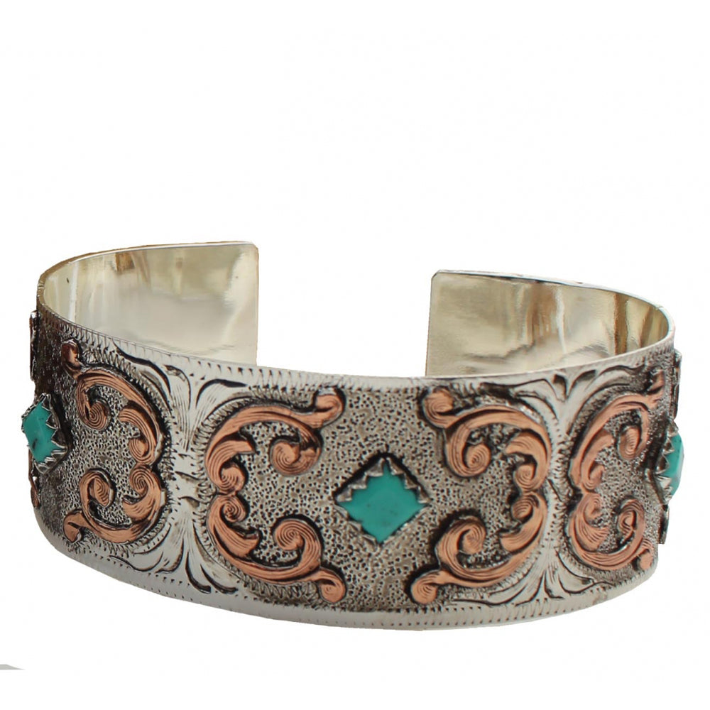 Complete your jewelry ensemble by wearing this western-inspired cuff bracelet. Silver plated with copper accents and faux turquoise stone accents. Made in USA.