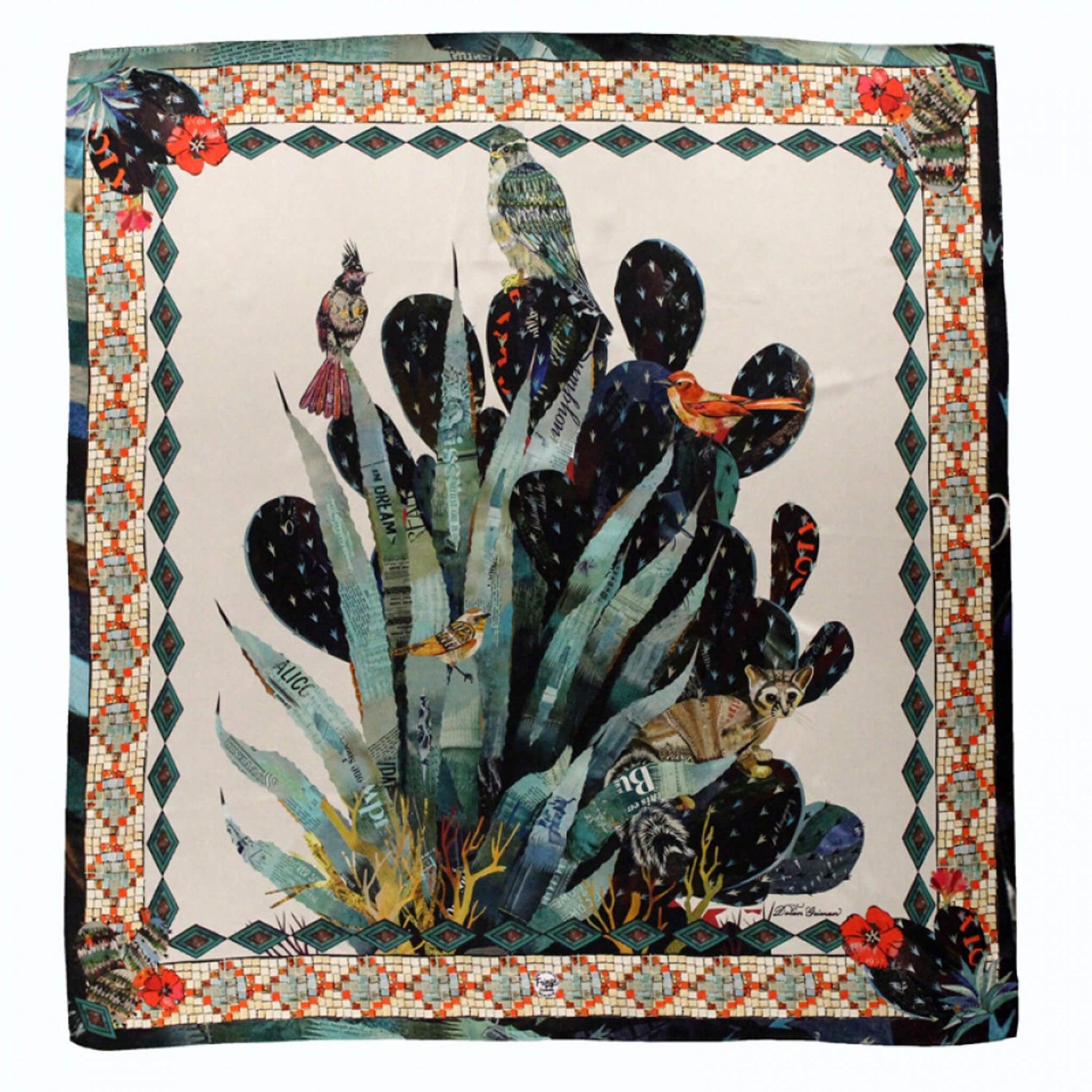 The Baja is full of beautiful jewel tones that work their way into any outfit seamlessly.  All the pieces in this scarf tell a story, have fun zooming in and finding treasures throughout this beautiful silk scarf. Artist Dolan Geiman. 35"x 35" 100% 12mm Satin Silk.