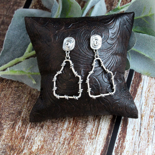 Barbed Wire Tag Silver Western Earrings