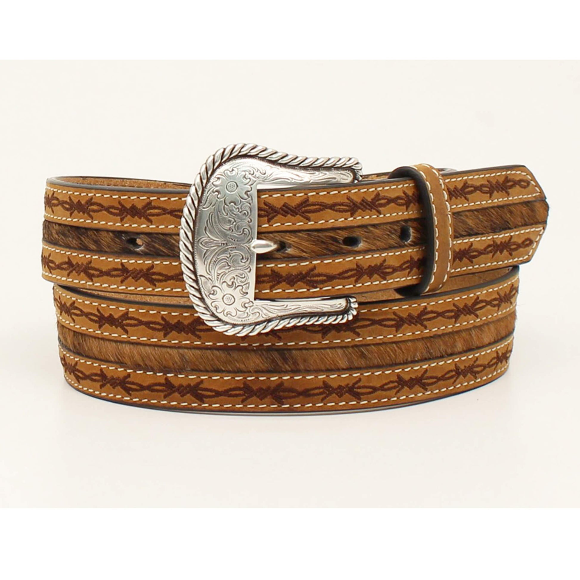 This Nocona men's belt is just what the modern cowboy wants. &nbsp;It features stitched barbwire edges with calf hair center. &nbsp;Available in sizes 32-46.