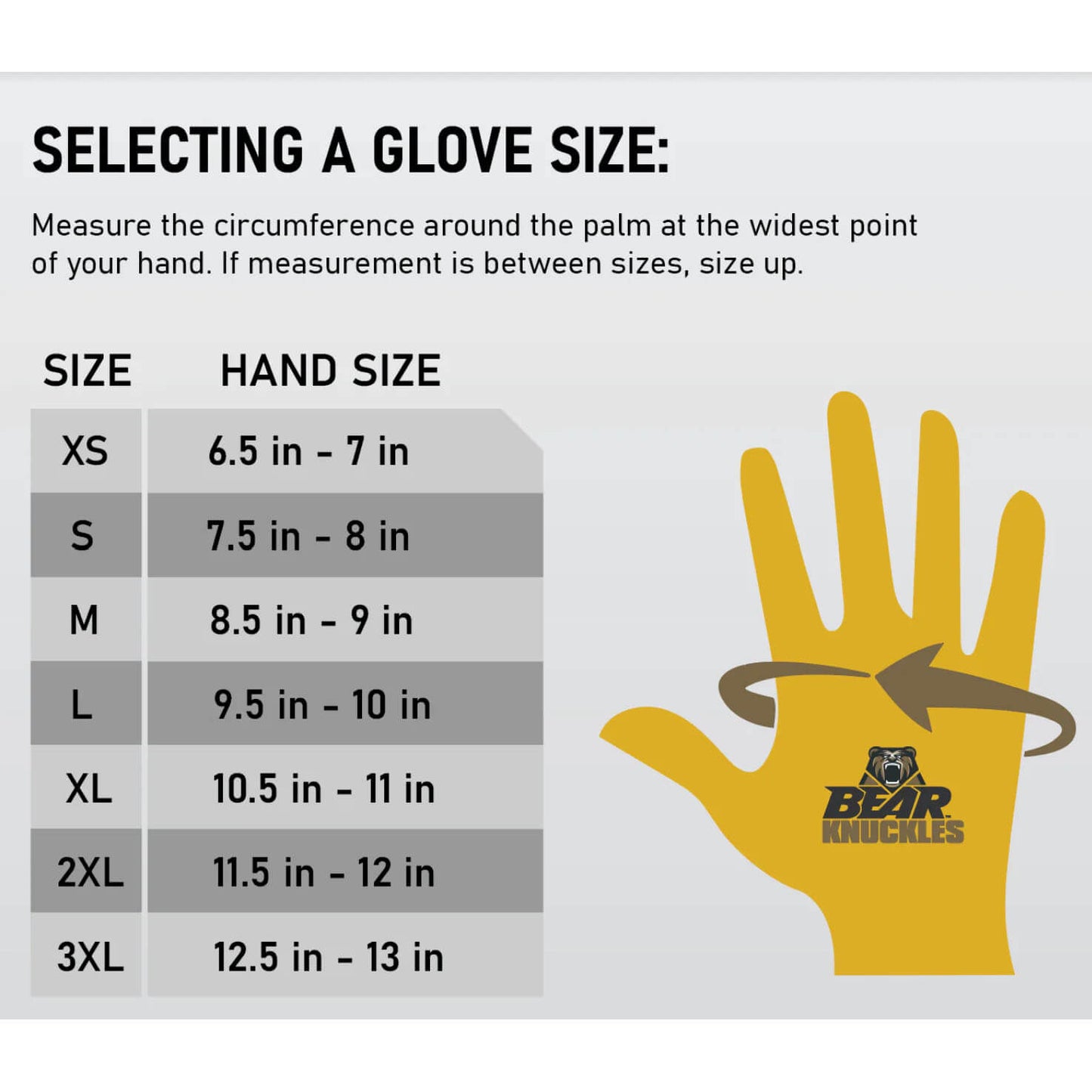 Glove size chart with hand measurement guide and Bear Knuckles logo.