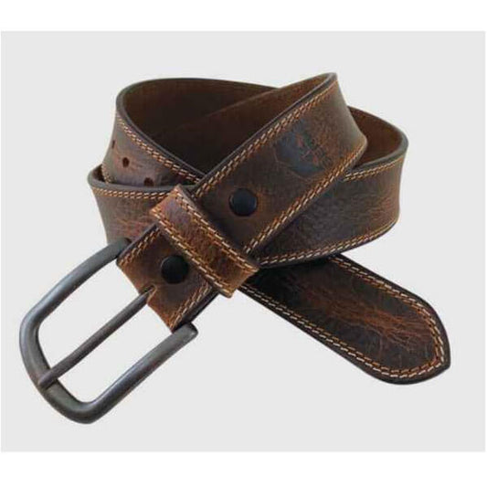 Distressed Genuine Leather belt with two toned crackle leather, contrast double stitched edges, embossed BERNE logo at buckle end for rack appeal, and removable buckle in antique brass finish.