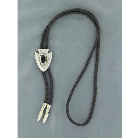 Stylish Indian inspired antiqued silver arrowhead bolo tie. Black leatherette bolo cord with silver arrowhead tips. Classic bolo look for both dress and casual occasions. Measures 36 inches long.