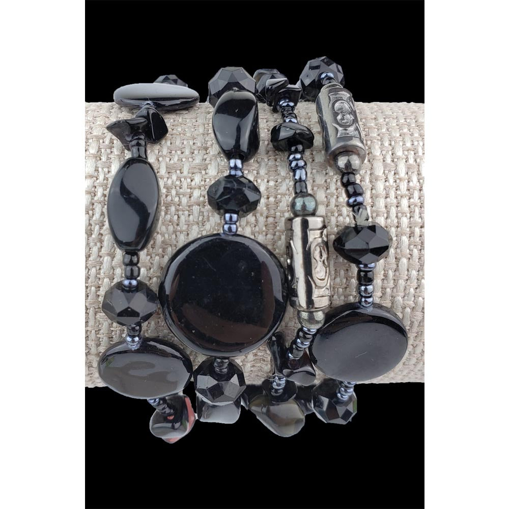 Stretch Beaded Bracelet Black & Metallic