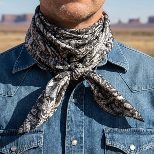 Black Paisley Silk Cowboy Western Wild Rag styled around a man's neck in a scenic outdoor setting.